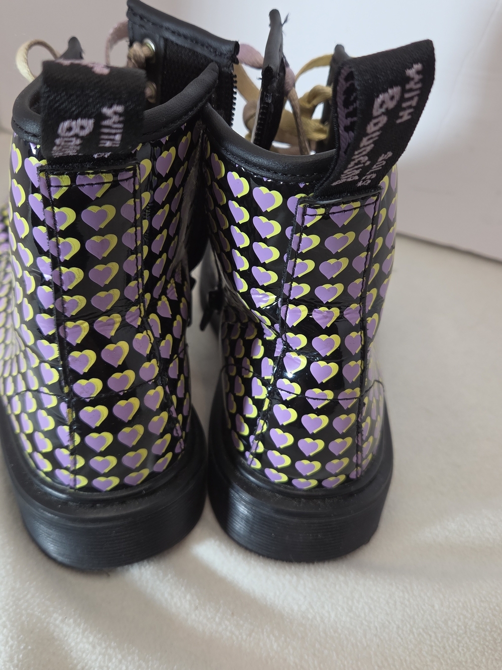 Dr. Martens Women's Black Combat Boots with Purple and Yellow Heart Pattern W 5 - Picture 6 of 8